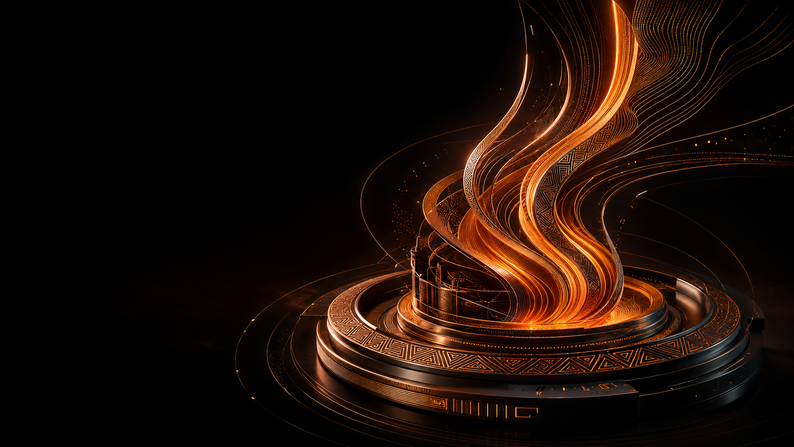 Copper data streams rising from an engraved architectural base